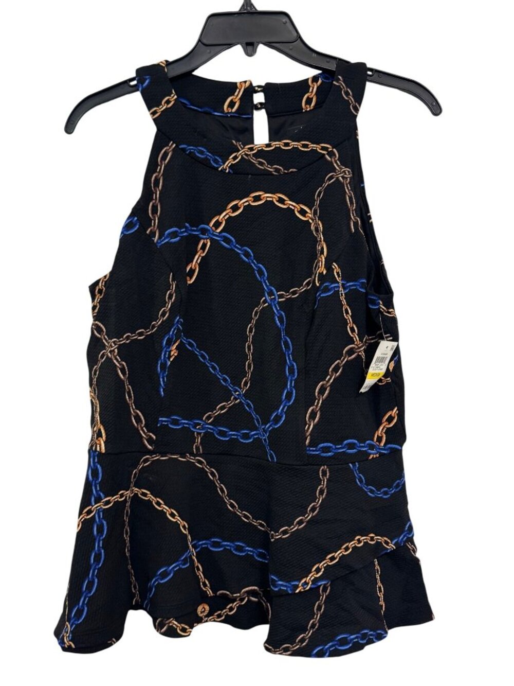 Thalia Sodi Chain Print Sleeveless Peplum Top Medium Black/Blue/Gold
